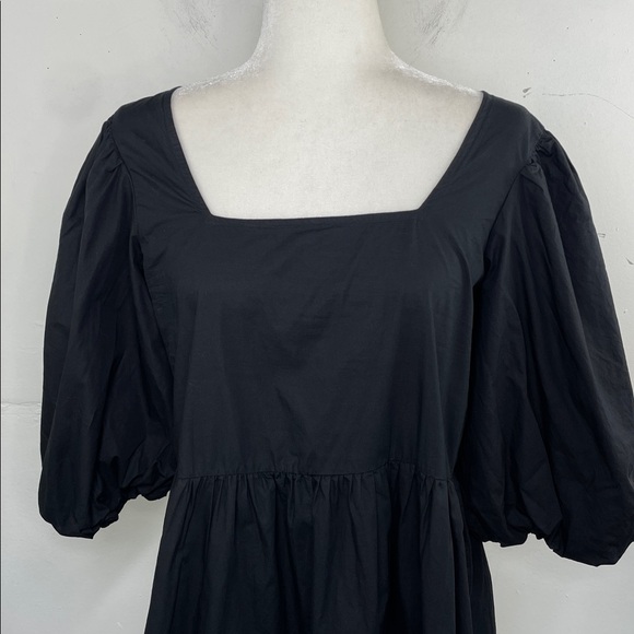 MNG Mango Black Square-Neck Puff Sleeve Mini Dress with White Floral Embroidery - Picture 2 of 16